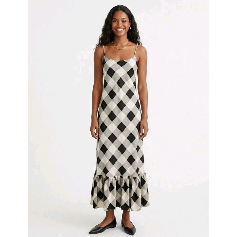 J.Crew Collection Gingham Ruffle Hem Slip Dress BP903 Black White Maxi Size 8